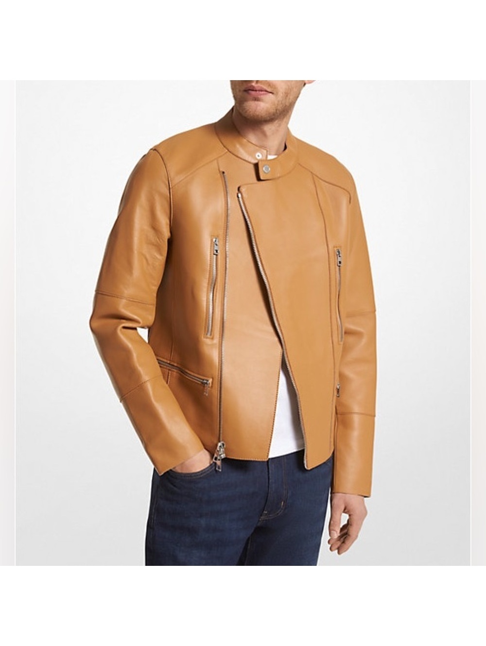 Michael Kors Men’s Nappa Leather Moto Jacket in Peanut/Tan, NWT, Size M $898